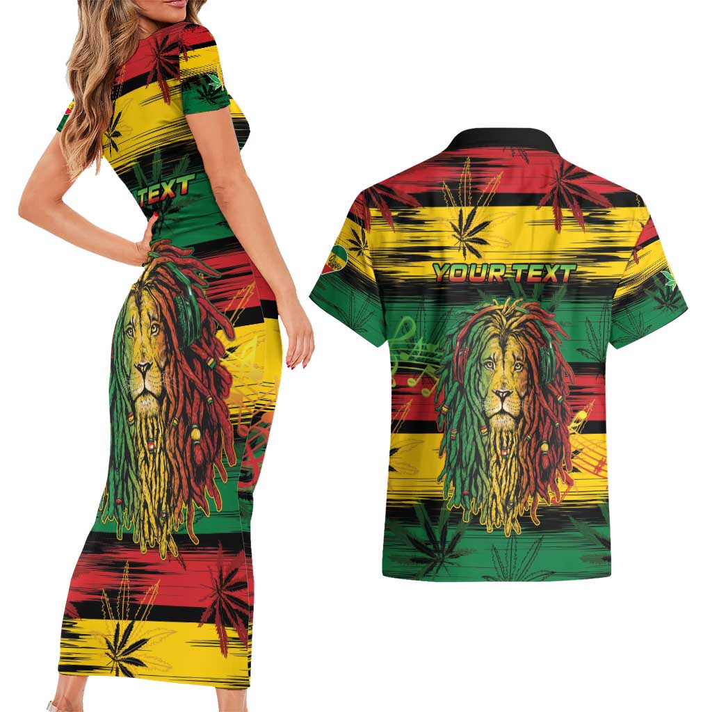 Personalised Rastafarian Lion Couples Matching Short Sleeve Bodycon Dress and Hawaiian Shirt Cannabis Leaf Pattern - Wonder Print Shop