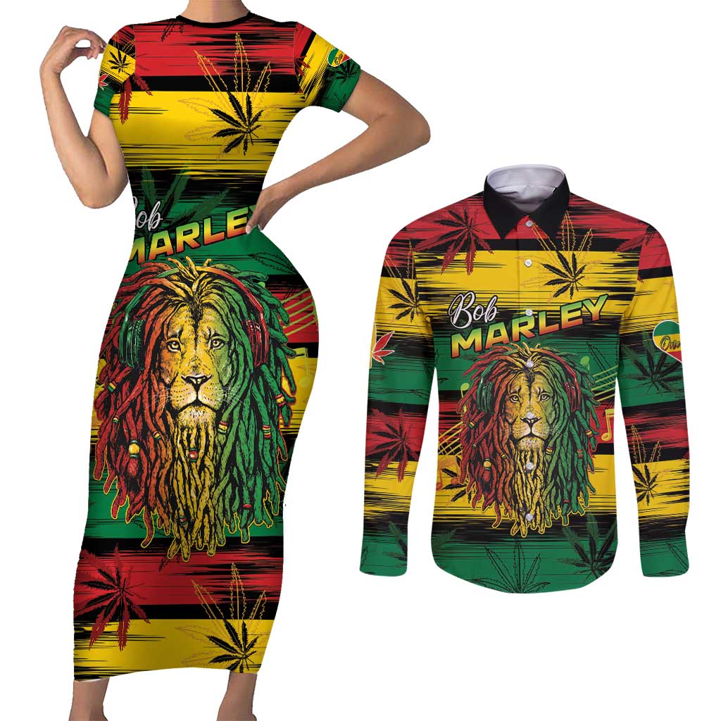 Personalised Rastafarian Lion Couples Matching Short Sleeve Bodycon Dress and Long Sleeve Button Shirt Cannabis Leaf Pattern - Wonder Print Shop