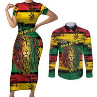 Personalised Rastafarian Lion Couples Matching Short Sleeve Bodycon Dress and Long Sleeve Button Shirt Cannabis Leaf Pattern - Wonder Print Shop