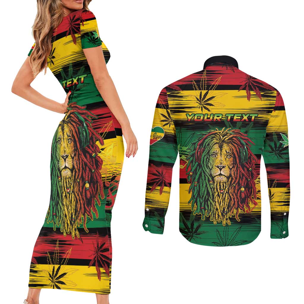 Personalised Rastafarian Lion Couples Matching Short Sleeve Bodycon Dress and Long Sleeve Button Shirt Cannabis Leaf Pattern - Wonder Print Shop