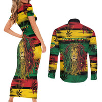 Personalised Rastafarian Lion Couples Matching Short Sleeve Bodycon Dress and Long Sleeve Button Shirt Cannabis Leaf Pattern - Wonder Print Shop