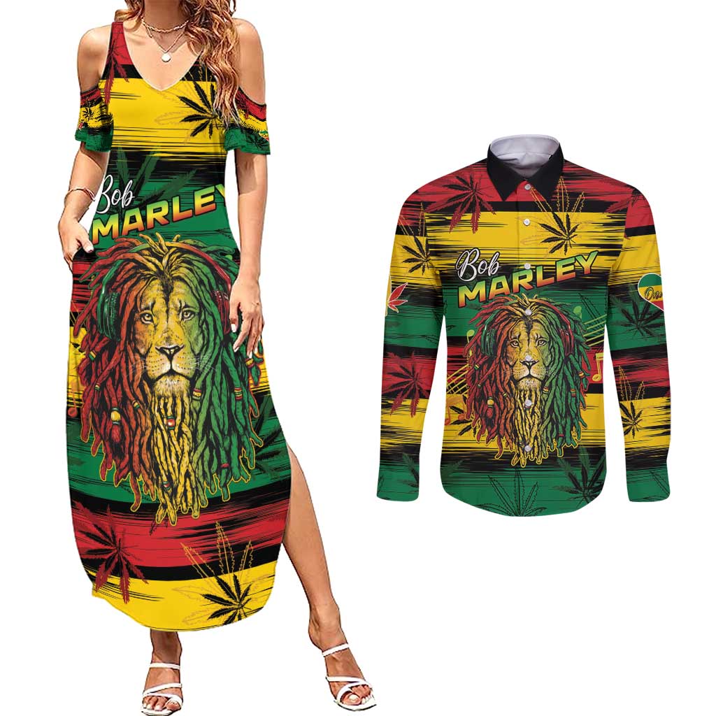 Personalised Rastafarian Lion Couples Matching Summer Maxi Dress and Long Sleeve Button Shirt Cannabis Leaf Pattern - Wonder Print Shop