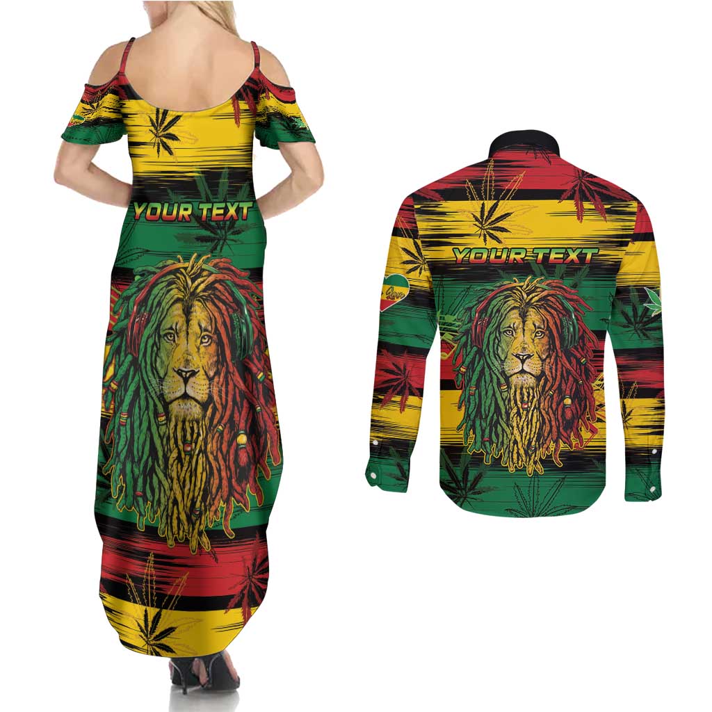 Personalised Rastafarian Lion Couples Matching Summer Maxi Dress and Long Sleeve Button Shirt Cannabis Leaf Pattern - Wonder Print Shop