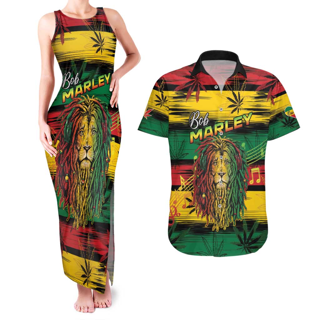 Personalised Rastafarian Lion Couples Matching Tank Maxi Dress and Hawaiian Shirt Cannabis Leaf Pattern - Wonder Print Shop