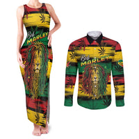 Personalised Rastafarian Lion Couples Matching Tank Maxi Dress and Long Sleeve Button Shirt Cannabis Leaf Pattern - Wonder Print Shop