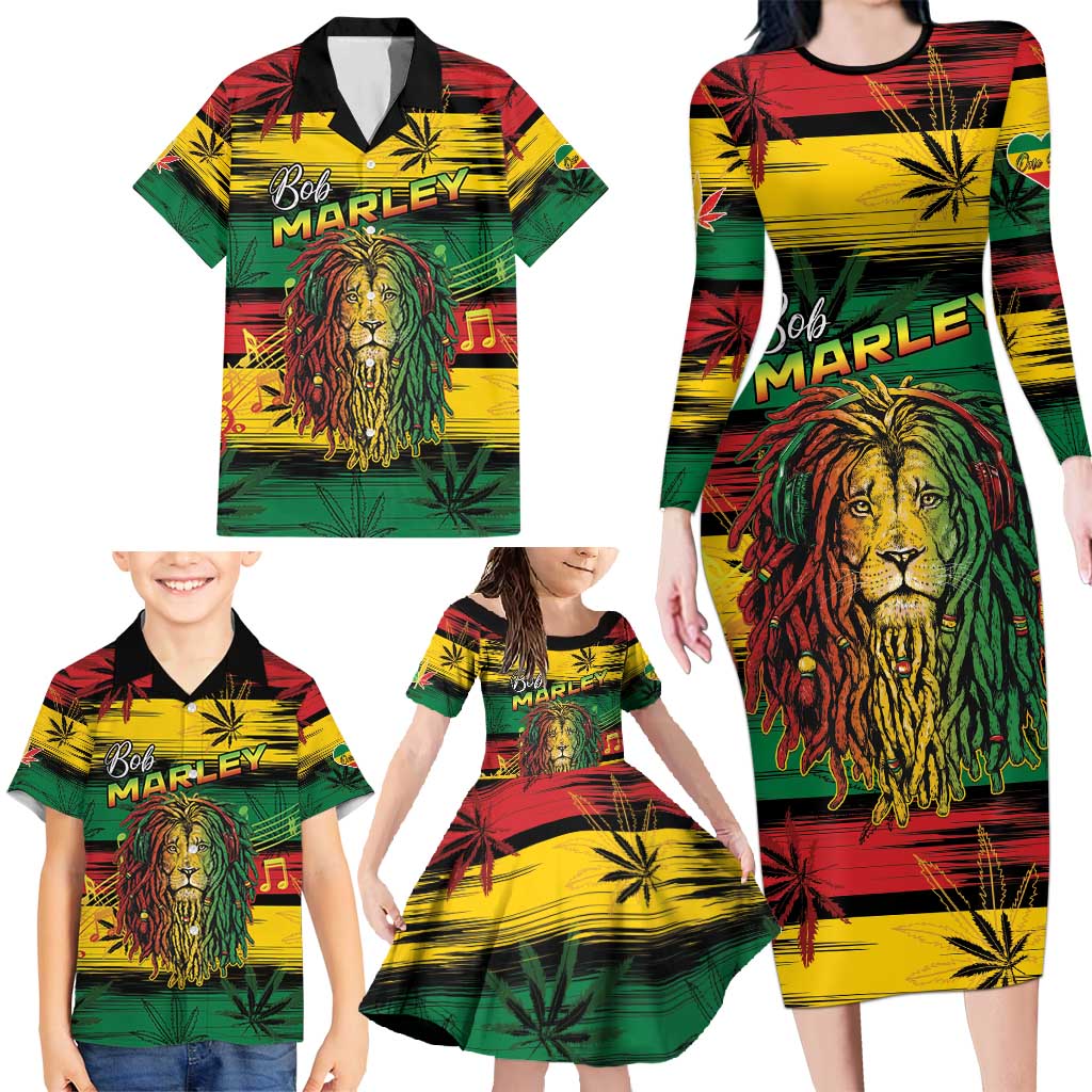 Personalised Rastafarian Lion Family Matching Long Sleeve Bodycon Dress and Hawaiian Shirt Cannabis Leaf Pattern - Wonder Print Shop