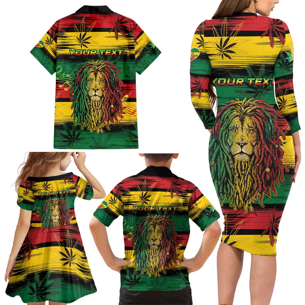 Personalised Rastafarian Lion Family Matching Long Sleeve Bodycon Dress and Hawaiian Shirt Cannabis Leaf Pattern - Wonder Print Shop