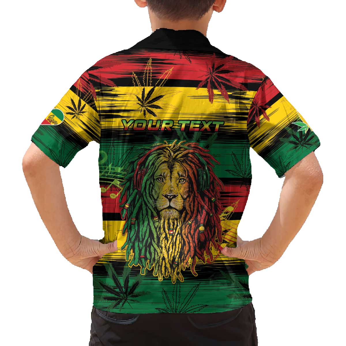 Personalised Rastafarian Lion Family Matching Off The Shoulder Long Sleeve Dress and Hawaiian Shirt Cannabis Leaf Pattern - Wonder Print Shop