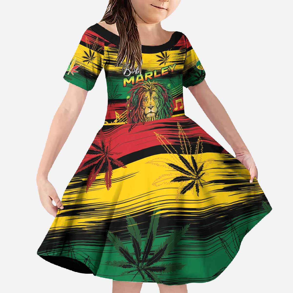 Personalised Rastafarian Lion Family Matching Off The Shoulder Long Sleeve Dress and Hawaiian Shirt Cannabis Leaf Pattern - Wonder Print Shop