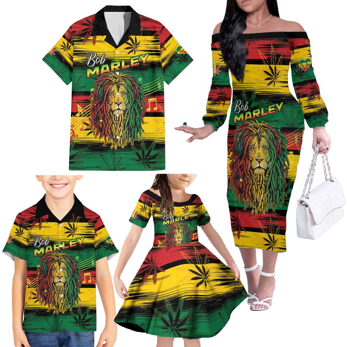 Personalised Rastafarian Lion Family Matching Off The Shoulder Long Sleeve Dress and Hawaiian Shirt Cannabis Leaf Pattern - Wonder Print Shop