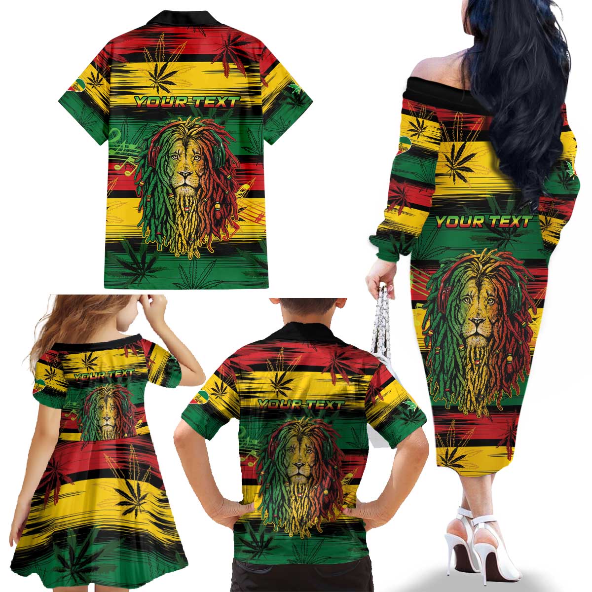 Personalised Rastafarian Lion Family Matching Off The Shoulder Long Sleeve Dress and Hawaiian Shirt Cannabis Leaf Pattern - Wonder Print Shop