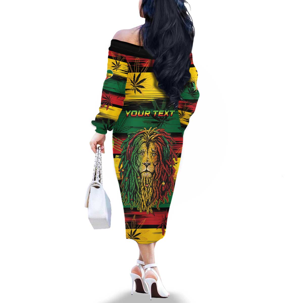 Personalised Rastafarian Lion Family Matching Off The Shoulder Long Sleeve Dress and Hawaiian Shirt Cannabis Leaf Pattern - Wonder Print Shop