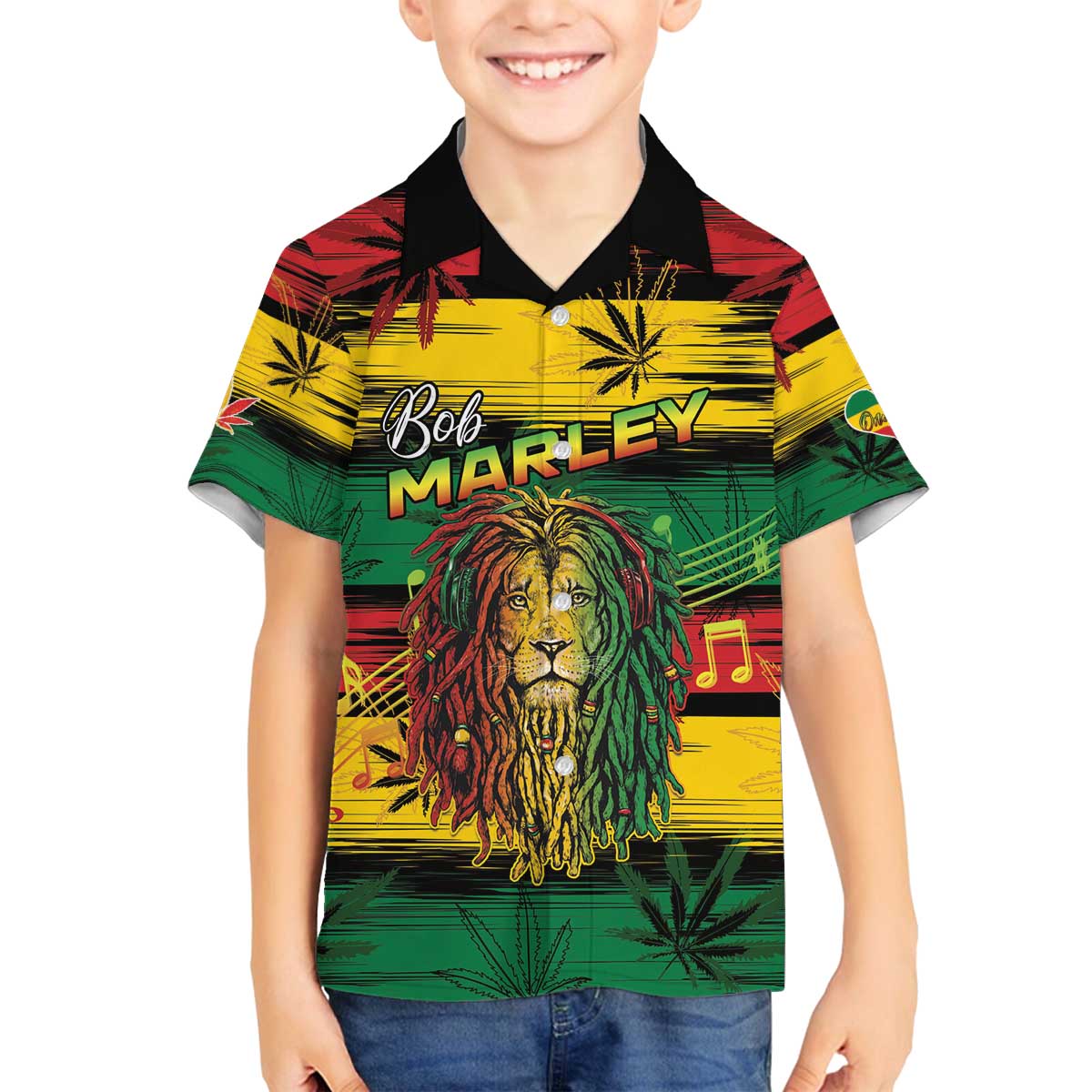 Personalised Rastafarian Lion Family Matching Off The Shoulder Long Sleeve Dress and Hawaiian Shirt Cannabis Leaf Pattern - Wonder Print Shop