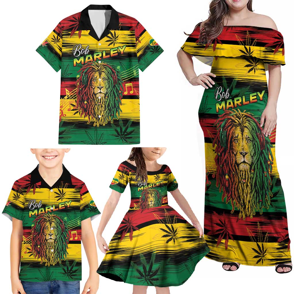 Personalised Rastafarian Lion Family Matching Off Shoulder Maxi Dress and Hawaiian Shirt Cannabis Leaf Pattern - Wonder Print Shop