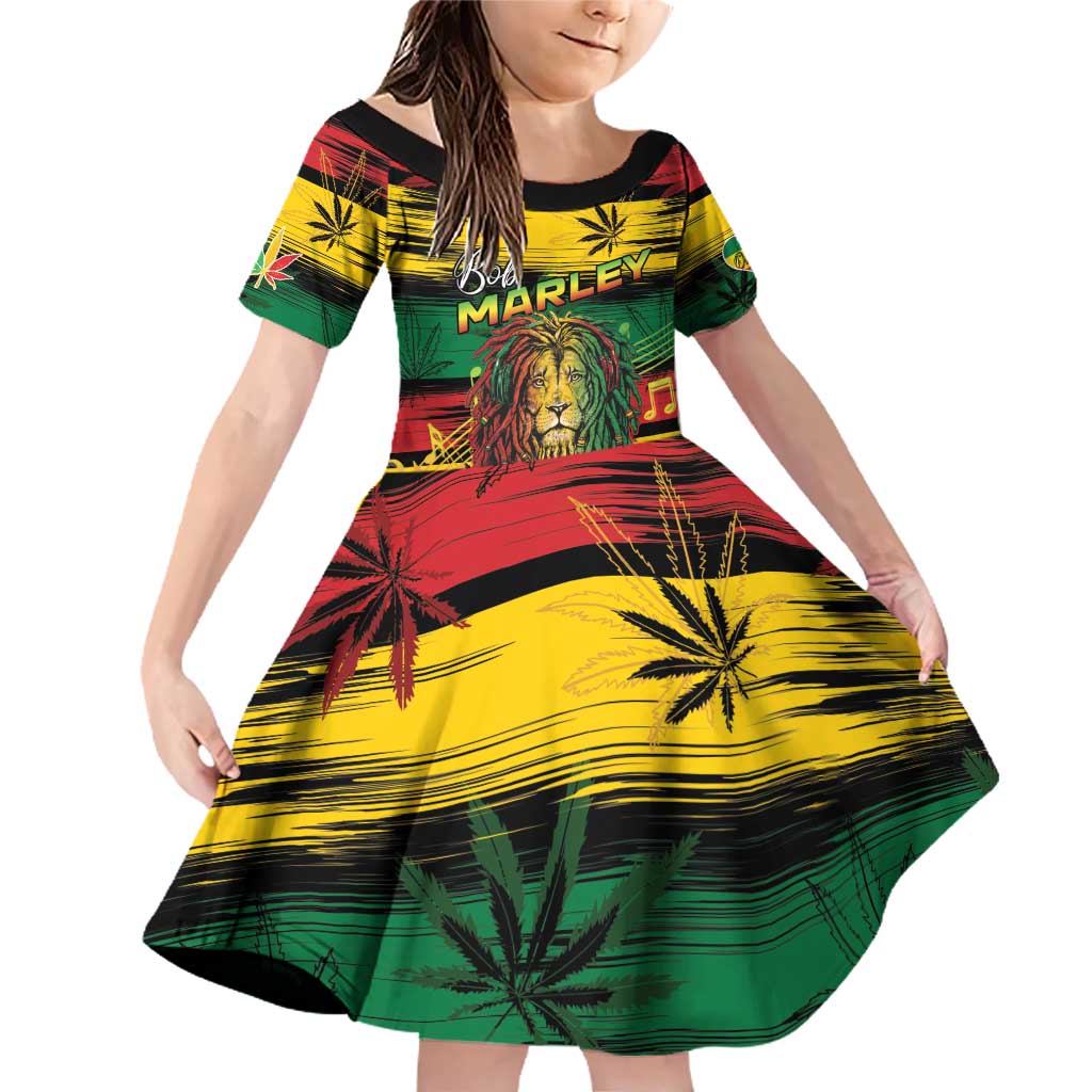 Personalised Rastafarian Lion Family Matching Off Shoulder Short Dress and Hawaiian Shirt Cannabis Leaf Pattern - Wonder Print Shop
