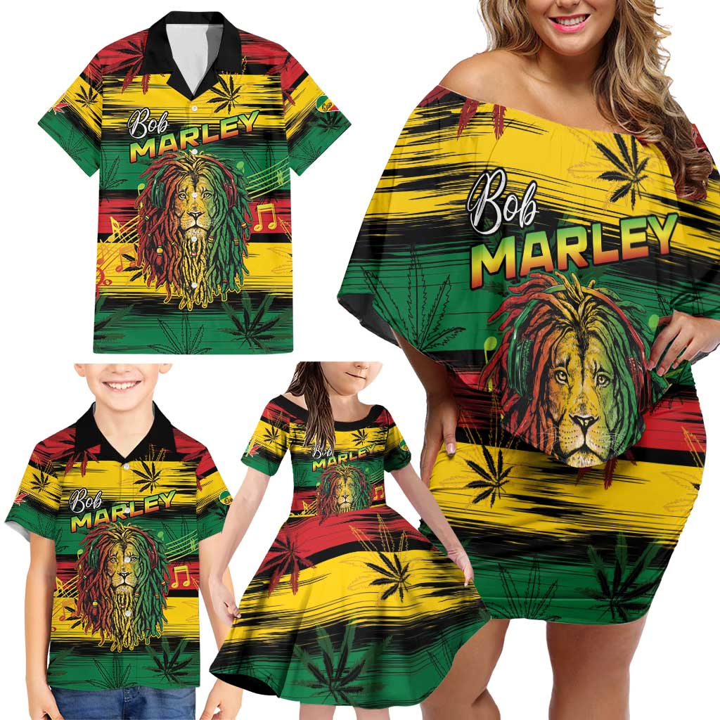 Personalised Rastafarian Lion Family Matching Off Shoulder Short Dress and Hawaiian Shirt Cannabis Leaf Pattern - Wonder Print Shop