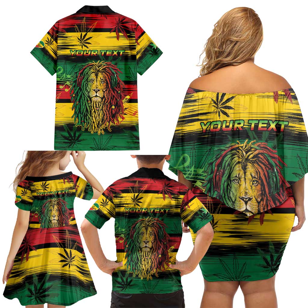 Personalised Rastafarian Lion Family Matching Off Shoulder Short Dress and Hawaiian Shirt Cannabis Leaf Pattern - Wonder Print Shop