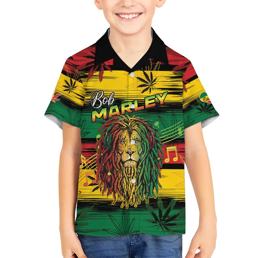 Personalised Rastafarian Lion Family Matching Off Shoulder Short Dress and Hawaiian Shirt Cannabis Leaf Pattern - Wonder Print Shop