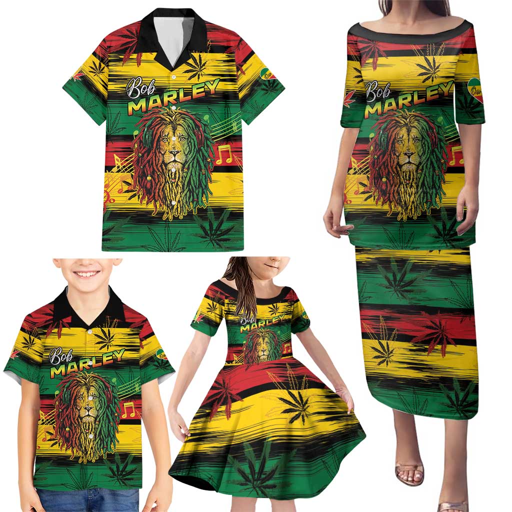 Personalised Rastafarian Lion Family Matching Puletasi and Hawaiian Shirt Cannabis Leaf Pattern - Wonder Print Shop