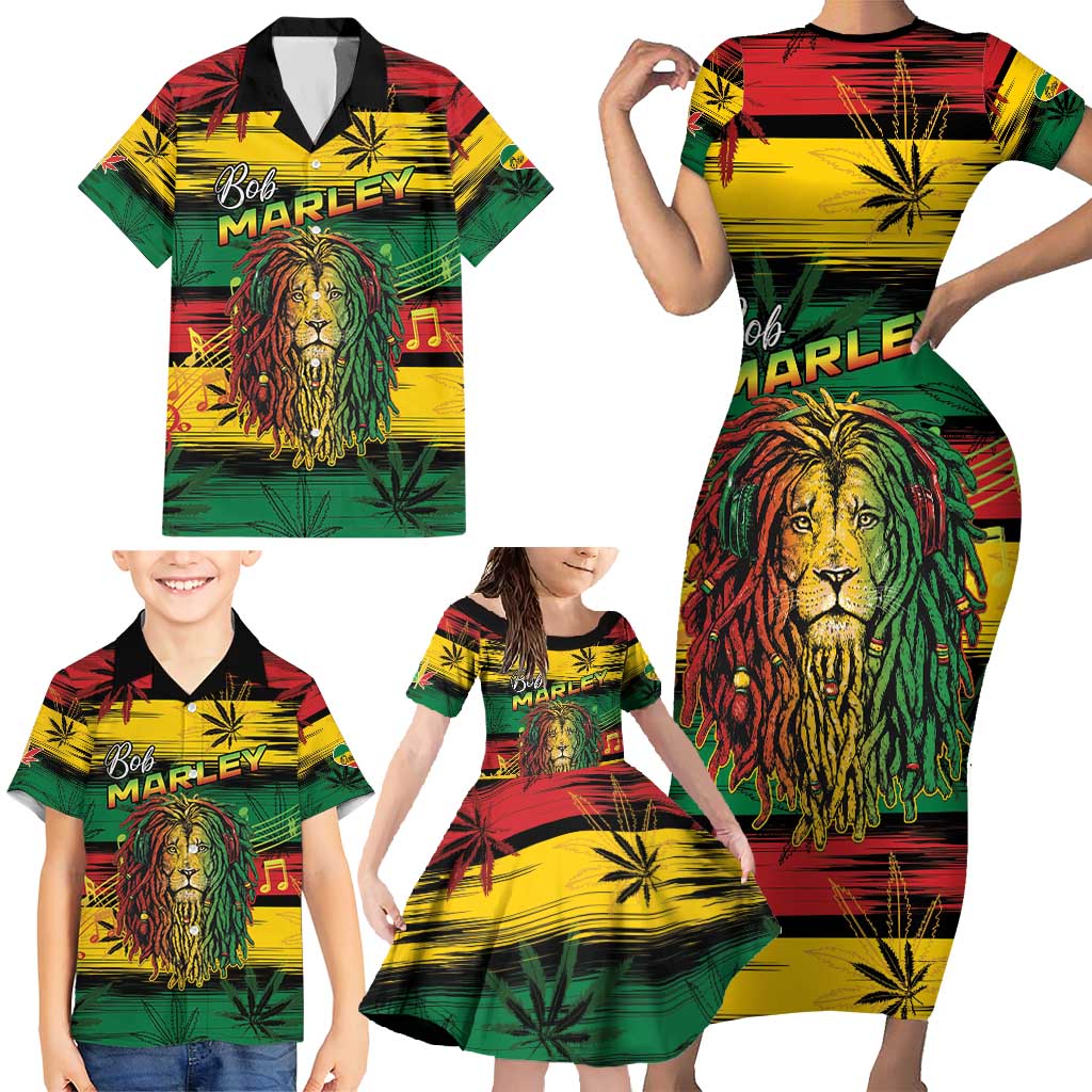 Personalised Rastafarian Lion Family Matching Short Sleeve Bodycon Dress and Hawaiian Shirt Cannabis Leaf Pattern - Wonder Print Shop