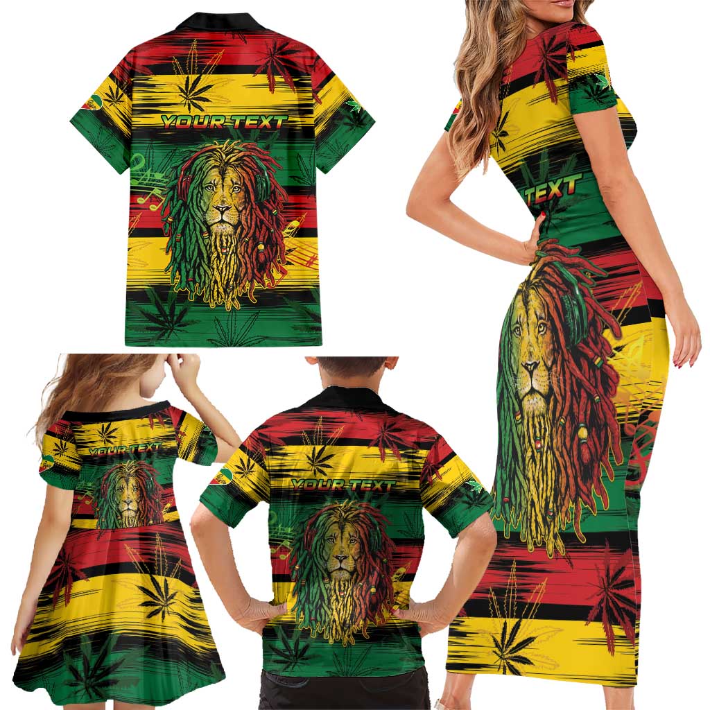 Personalised Rastafarian Lion Family Matching Short Sleeve Bodycon Dress and Hawaiian Shirt Cannabis Leaf Pattern - Wonder Print Shop