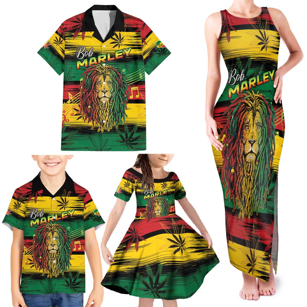 Personalised Rastafarian Lion Family Matching Tank Maxi Dress and Hawaiian Shirt Cannabis Leaf Pattern - Wonder Print Shop
