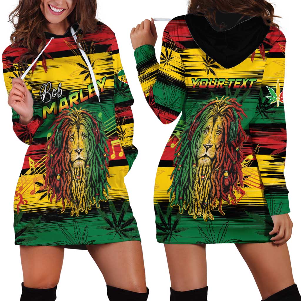 Personalised Rastafarian Lion Hoodie Dress Cannabis Leaf Pattern - Wonder Print Shop