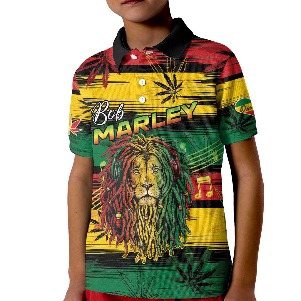 Personalised Rastafarian Lion Kid Polo Shirt Cannabis Leaf Pattern - Wonder Print Shop