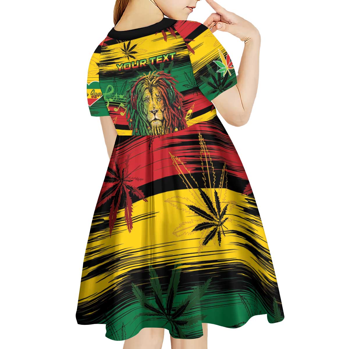 Personalised Rastafarian Lion Kid Short Sleeve Dress Cannabis Leaf Pattern - Wonder Print Shop