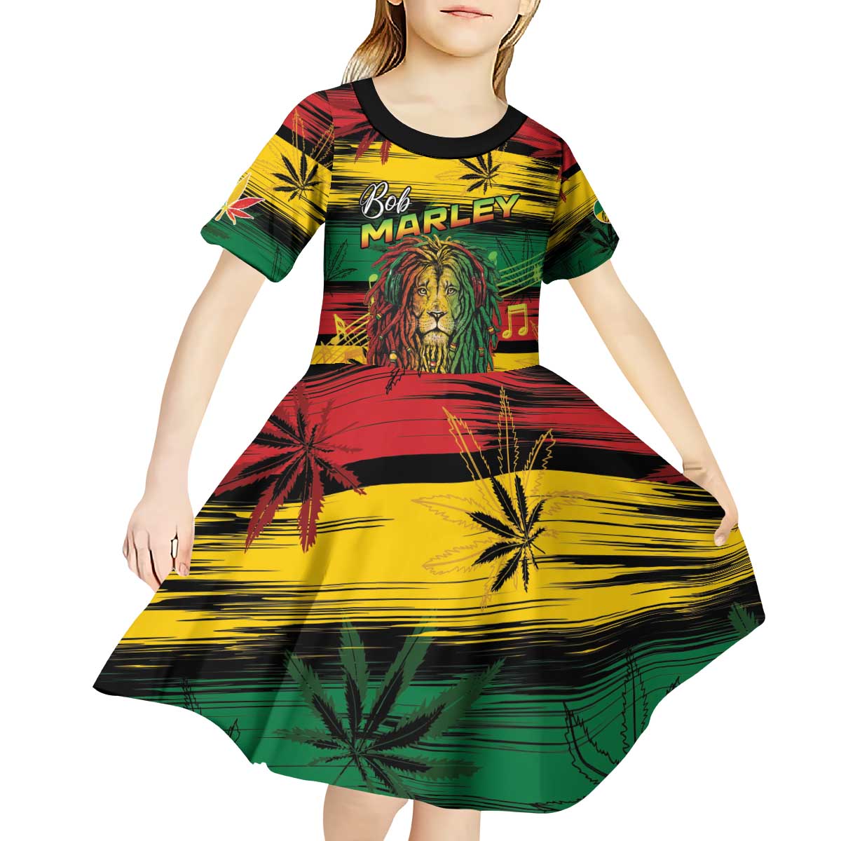 Personalised Rastafarian Lion Kid Short Sleeve Dress Cannabis Leaf Pattern - Wonder Print Shop