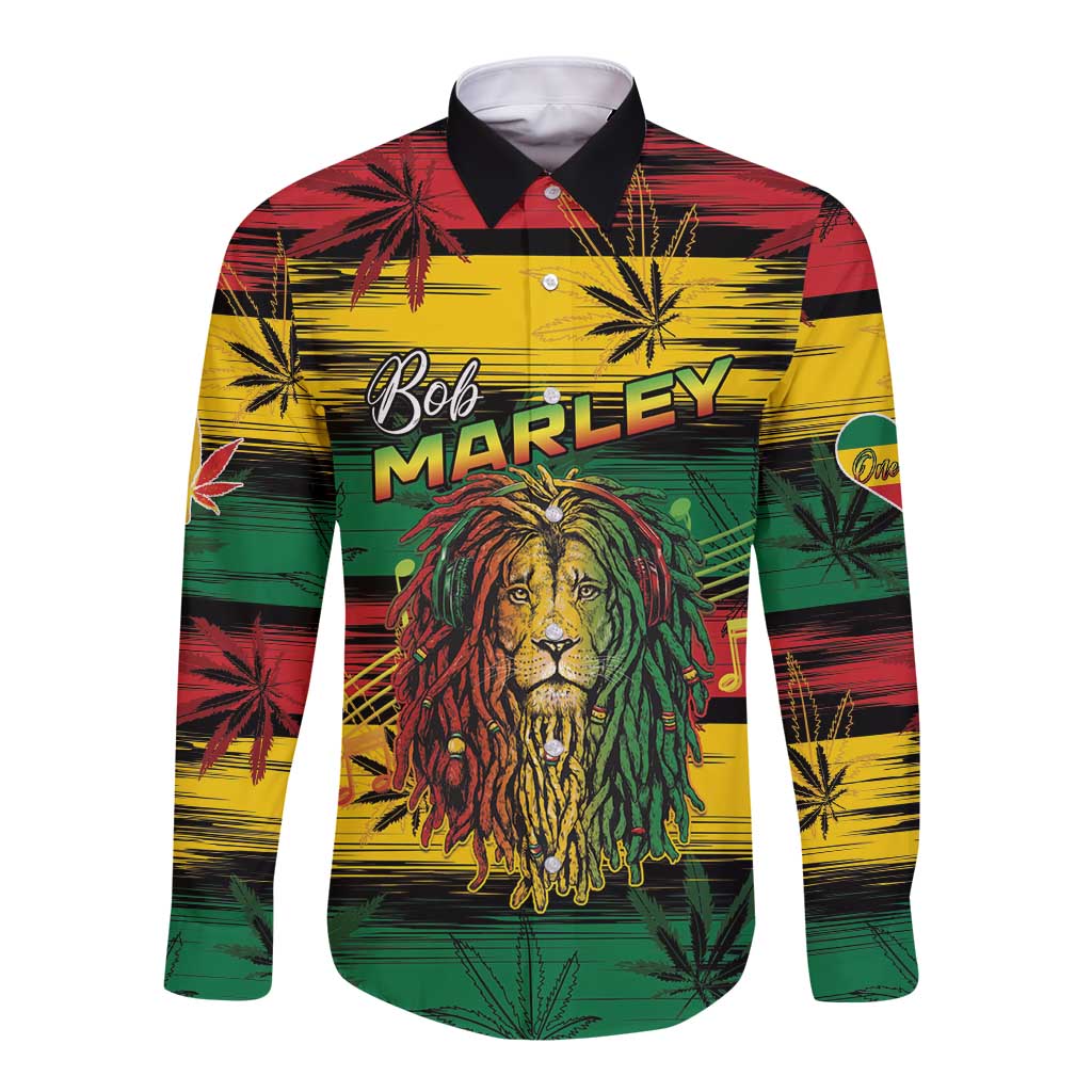 Personalised Rastafarian Lion Long Sleeve Button Shirt Cannabis Leaf Pattern - Wonder Print Shop