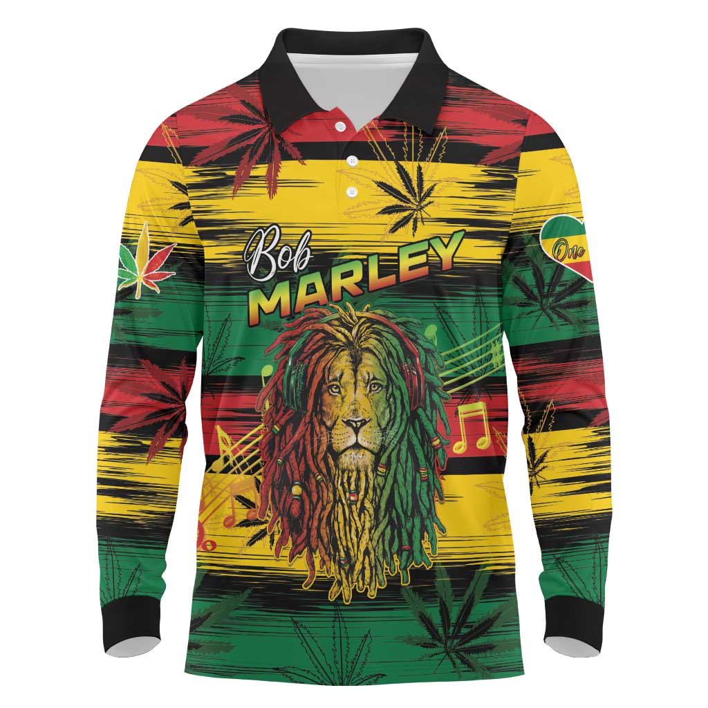 Personalised Rastafarian Lion Long Sleeve Polo Shirt Cannabis Leaf Pattern - Wonder Print Shop