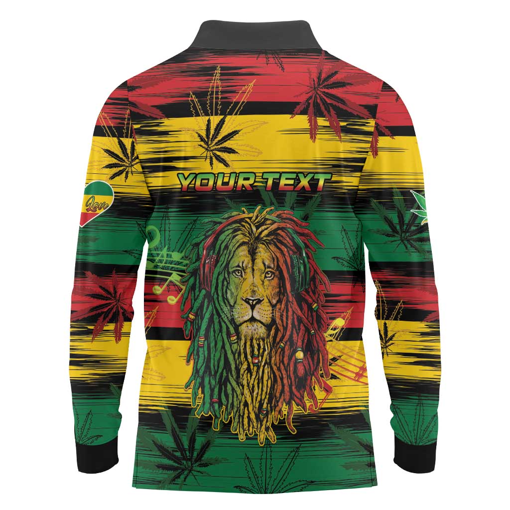 Personalised Rastafarian Lion Long Sleeve Polo Shirt Cannabis Leaf Pattern - Wonder Print Shop