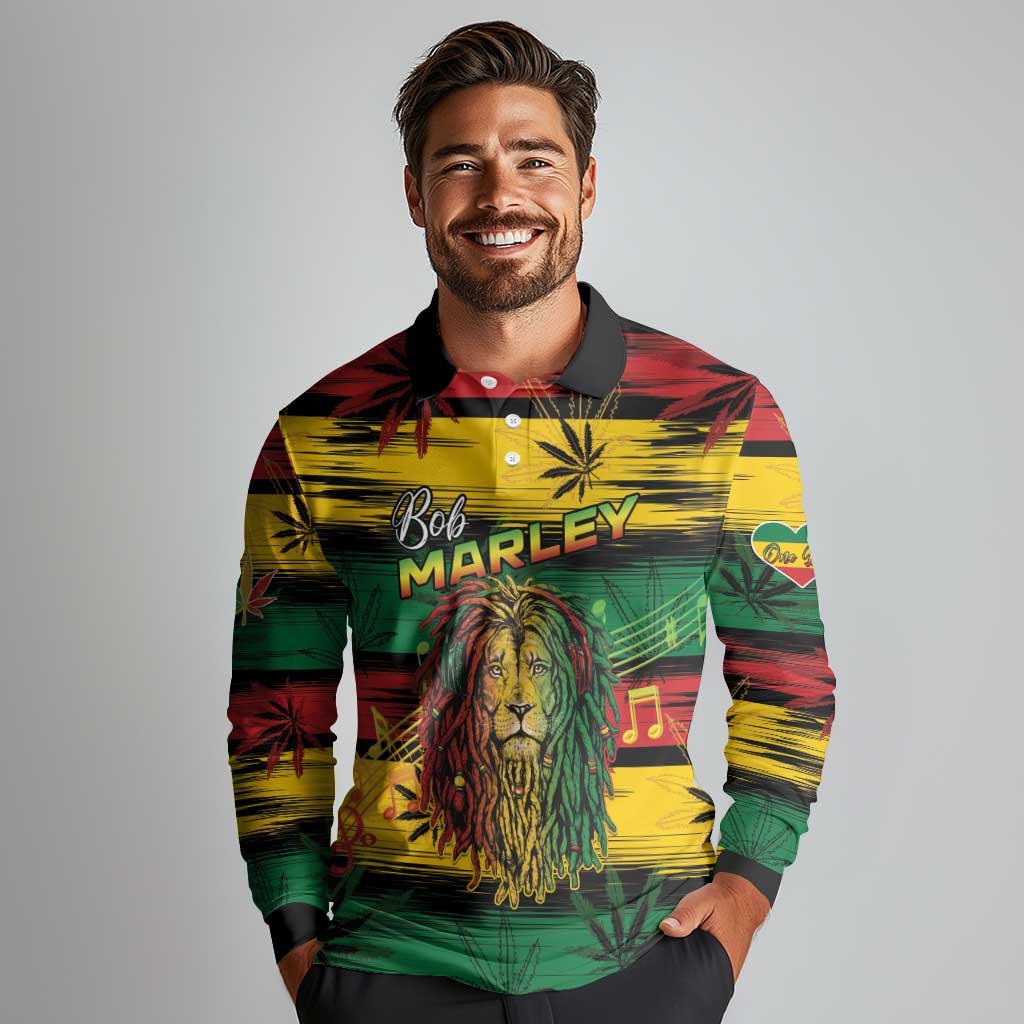 Personalised Rastafarian Lion Long Sleeve Polo Shirt Cannabis Leaf Pattern - Wonder Print Shop