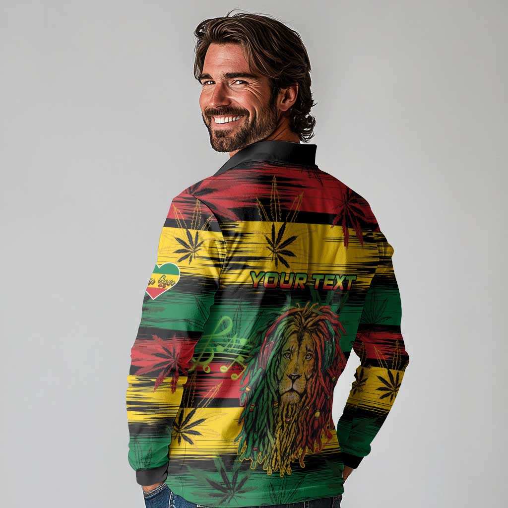 Personalised Rastafarian Lion Long Sleeve Polo Shirt Cannabis Leaf Pattern - Wonder Print Shop