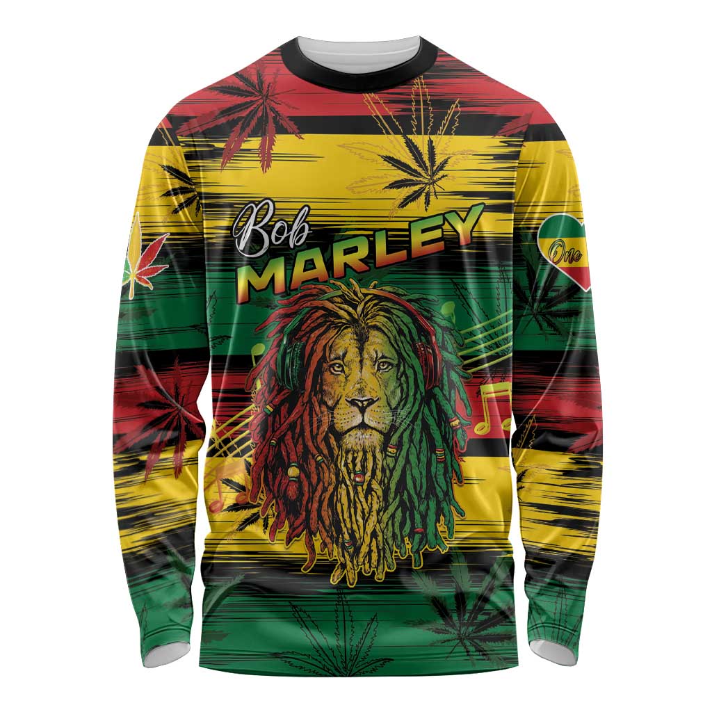 Personalised Rastafarian Lion Long Sleeve Shirt Cannabis Leaf Pattern - Wonder Print Shop