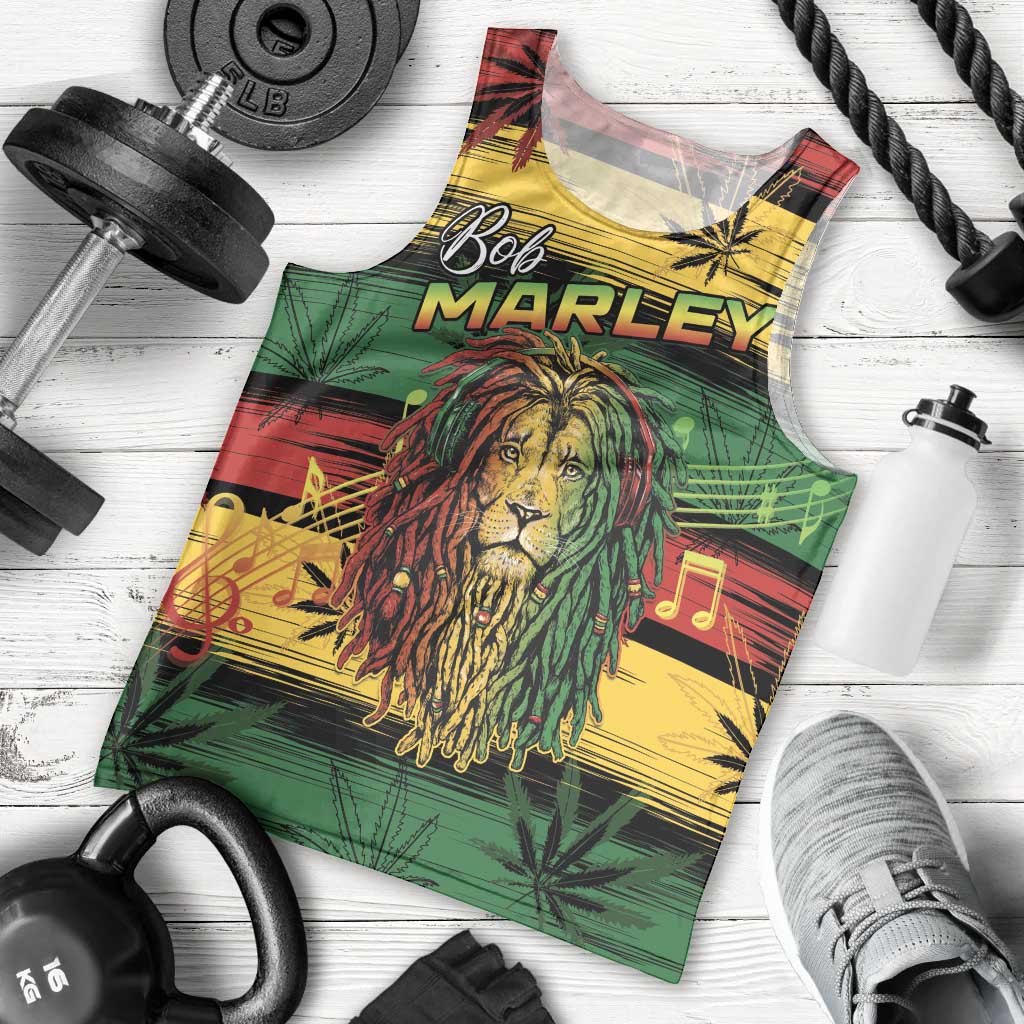Personalised Rastafarian Lion Men Tank Top Cannabis Leaf Pattern - Wonder Print Shop