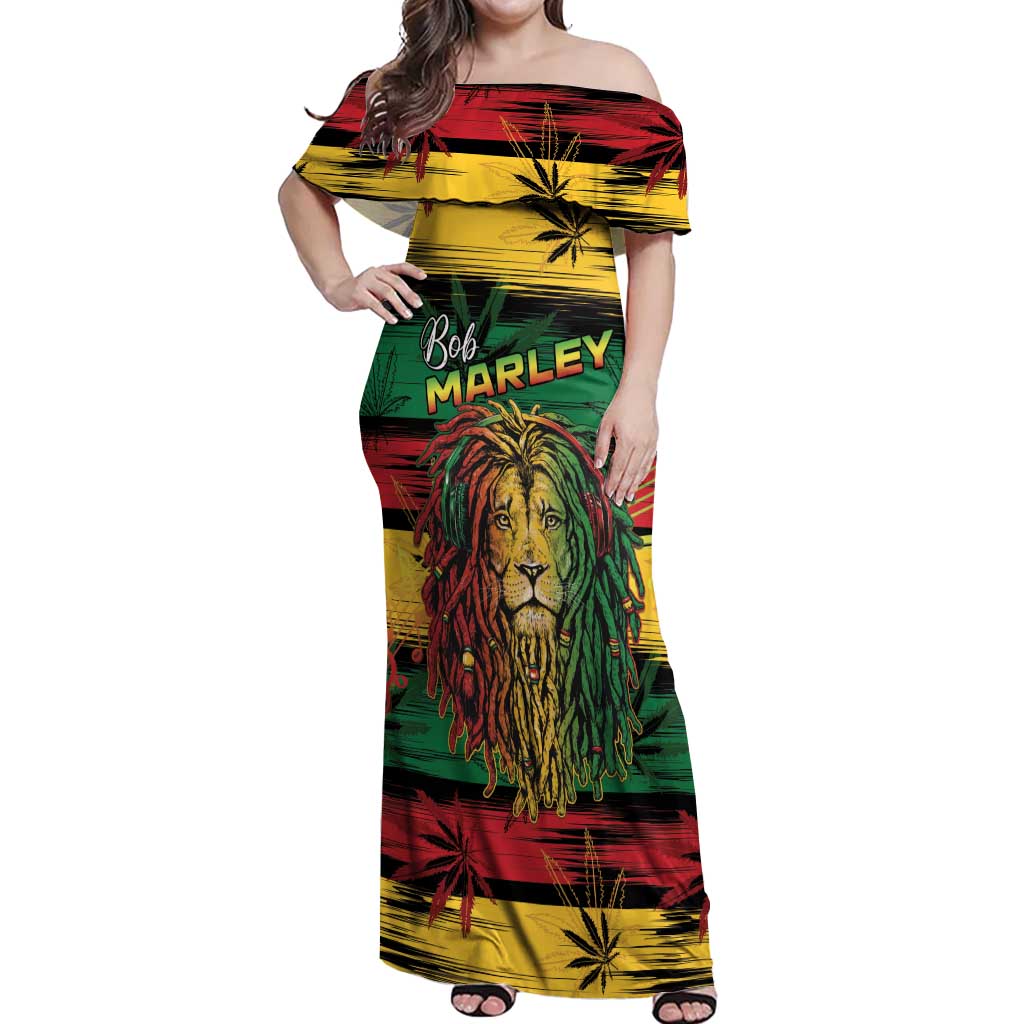 Personalised Rastafarian Lion Off Shoulder Maxi Dress Cannabis Leaf Pattern - Wonder Print Shop