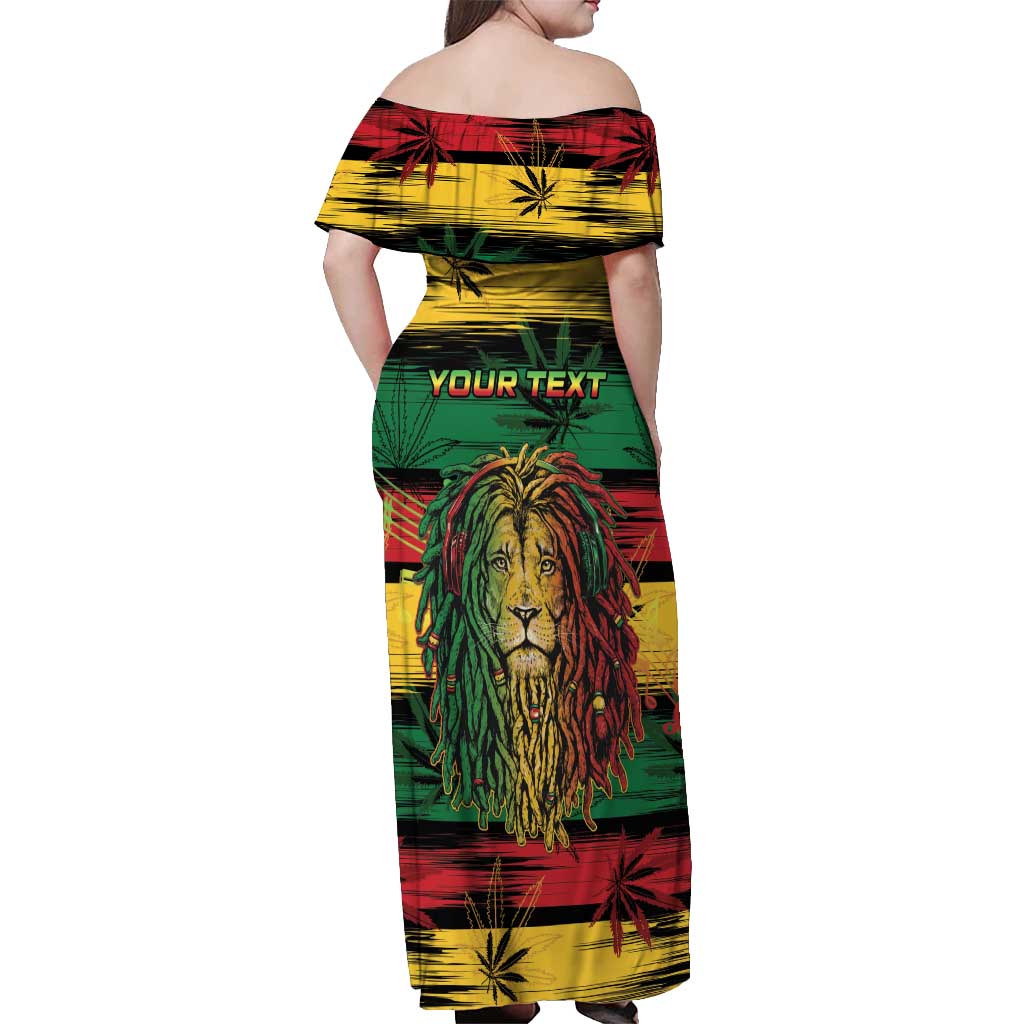 Personalised Rastafarian Lion Off Shoulder Maxi Dress Cannabis Leaf Pattern - Wonder Print Shop