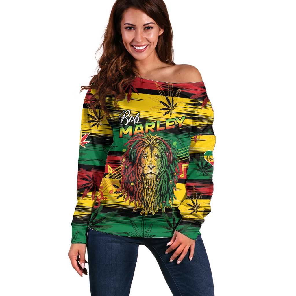 Personalised Rastafarian Lion Off Shoulder Sweater Cannabis Leaf Pattern - Wonder Print Shop