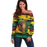 Personalised Rastafarian Lion Off Shoulder Sweater Cannabis Leaf Pattern - Wonder Print Shop
