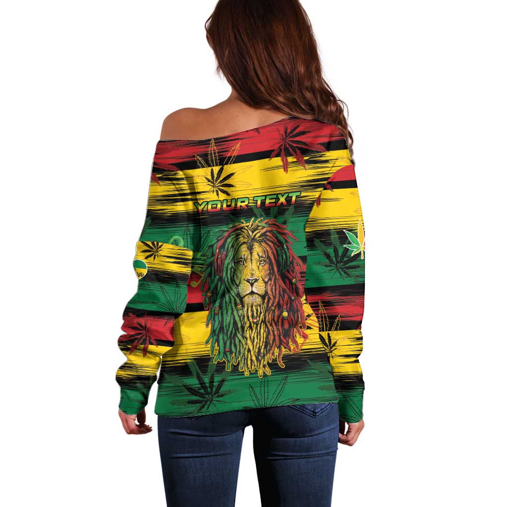 Personalised Rastafarian Lion Off Shoulder Sweater Cannabis Leaf Pattern - Wonder Print Shop