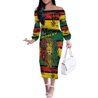 Personalised Rastafarian Lion Off The Shoulder Long Sleeve Dress Cannabis Leaf Pattern - Wonder Print Shop