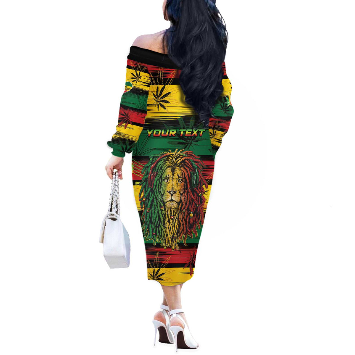 Personalised Rastafarian Lion Off The Shoulder Long Sleeve Dress Cannabis Leaf Pattern - Wonder Print Shop