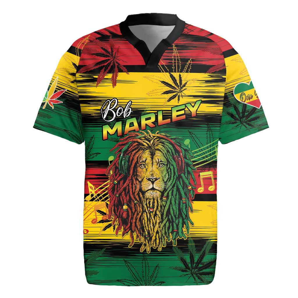 Personalised Rastafarian Lion Rugby Jersey Cannabis Leaf Pattern - Wonder Print Shop
