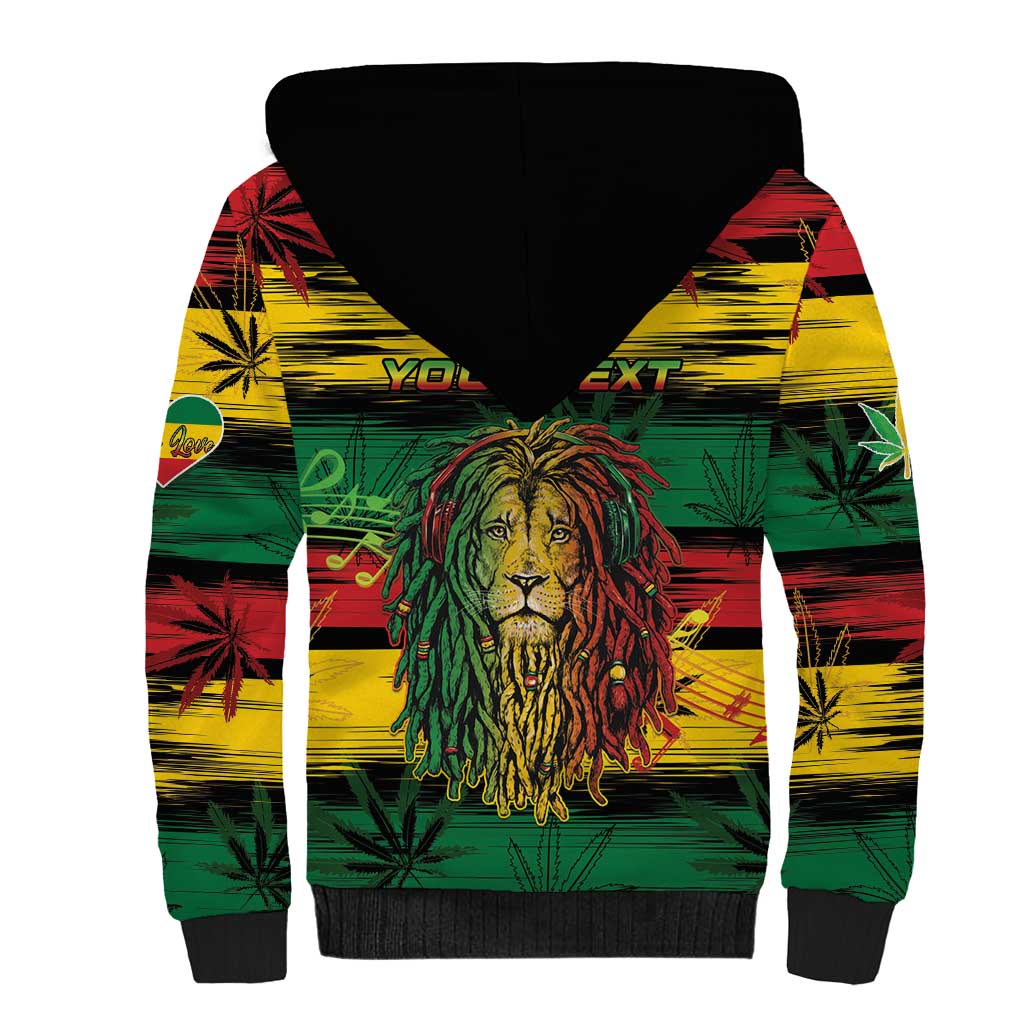 Personalised Rastafarian Lion Sherpa Hoodie Cannabis Leaf Pattern - Wonder Print Shop