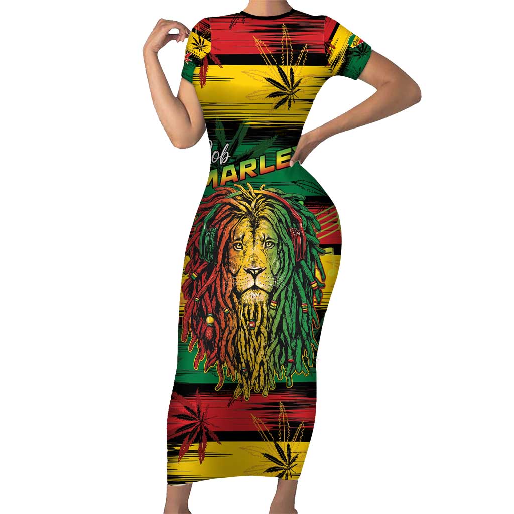 Personalised Rastafarian Lion Short Sleeve Bodycon Dress Cannabis Leaf Pattern - Wonder Print Shop