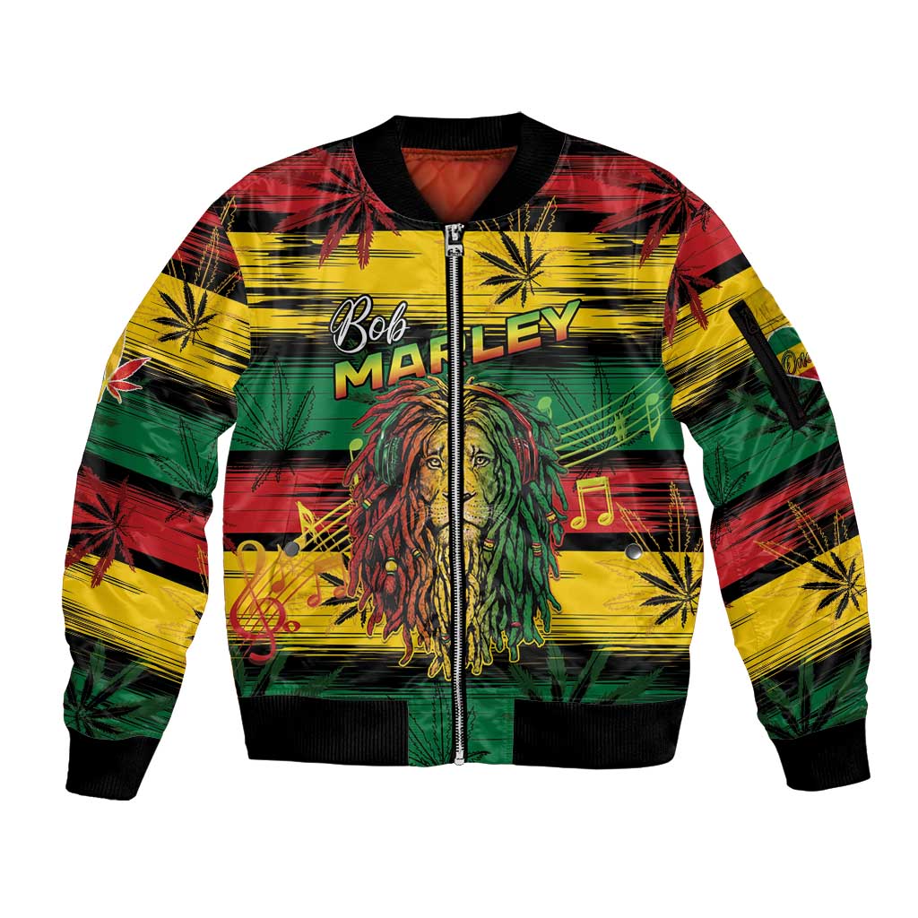 Personalised Rastafarian Lion Sleeve Zip Bomber Jacket Cannabis Leaf Pattern - Wonder Print Shop