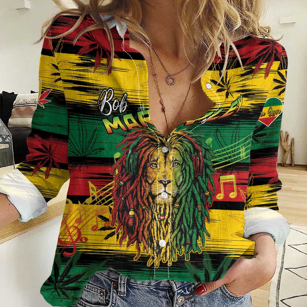 Personalised Rastafarian Lion Women Casual Shirt Cannabis Leaf Pattern - Wonder Print Shop