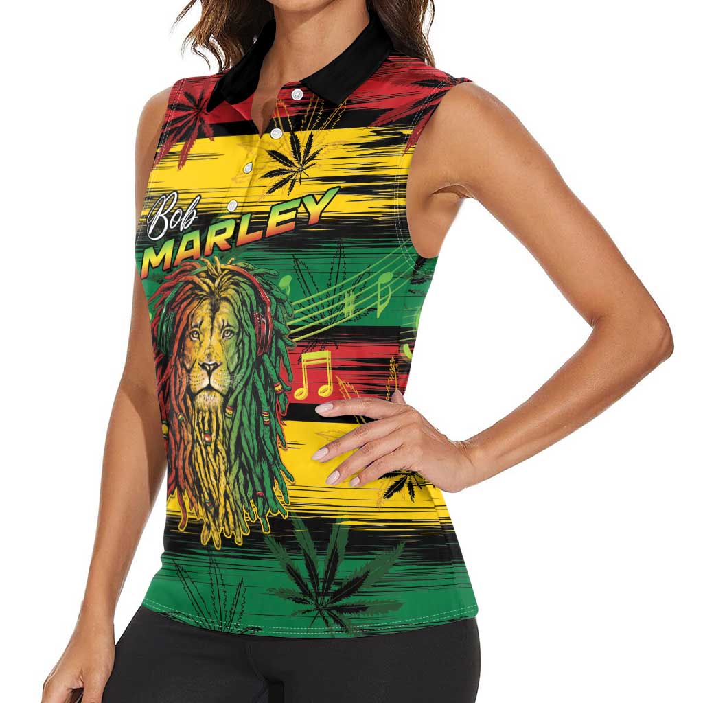 Personalised Rastafarian Lion Women Sleeveless Polo Shirt Cannabis Leaf Pattern - Wonder Print Shop